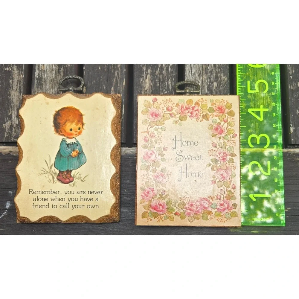 Vintage 1978 Paula-Cutes Mini Wood Wall Plaque Pair Floral & Friend Quote 5